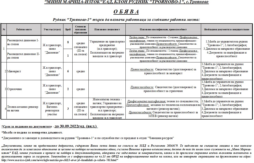 Обява за работа